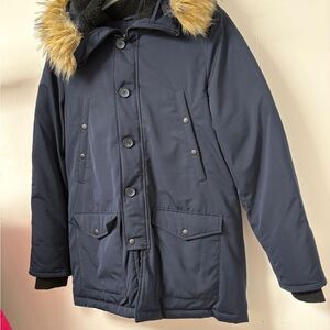 Express Men's Dark Blue Puffer Jacket with Faux Fur